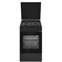 Aragaz mixt HEINNER HFSC-S60LITGC-BK, 4 arzatoare, Suport email, Capac metalic, Arindere electrica plita, Dispozitiv de siguranta plita, Cuptor electric, Clasa A, 7 functii, Timer, Grill, Ventilatie, Duze GPL incluse, Negru
