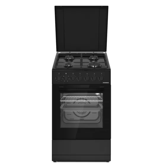 Aragaz mixt HEINNER HFSC-S60LITGC-BK, 4 arzatoare, Suport email, Capac metalic, Arindere electrica plita, Dispozitiv de siguranta plita, Cuptor electric, Clasa A, 7 functii, Timer, Grill, Ventilatie, Duze GPL incluse, Negru