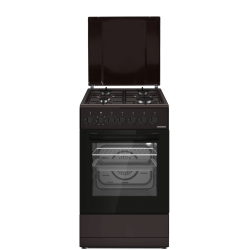 Aragaz mixt HEINNER HFSC-S60LITGC-BRW, 4 arzatoare, Suport email, Capac metalic, Arindere electrica plita, Dispozitiv de siguranta plita, Cuptor electric, Clasa A, 7 functii, Timer, Grill, Ventilatie, Duze GPL incluse, Maro