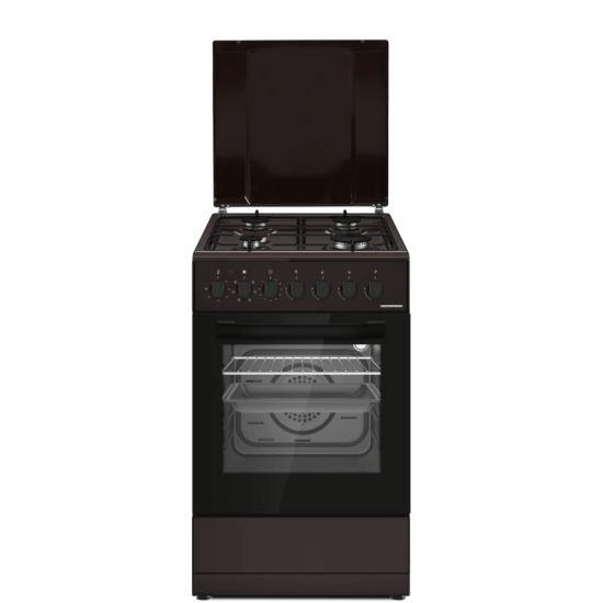 Aragaz mixt HEINNER HFSC-S60LITGC-BRW, 4 arzatoare, Suport email, Capac metalic, Arindere electrica plita, Dispozitiv de siguranta plita, Cuptor electric, Clasa A, 7 functii, Timer, Grill, Ventilatie, Duze GPL incluse, Maro