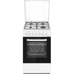Aragaz mixt Heinner HFSC-S60LITGC-WH, 4 arzatoare, aprindere electrica plita, cuptor electric, clasa A, timer, grill, ventilatie, sertar inferior vase, 50x60cm, alb