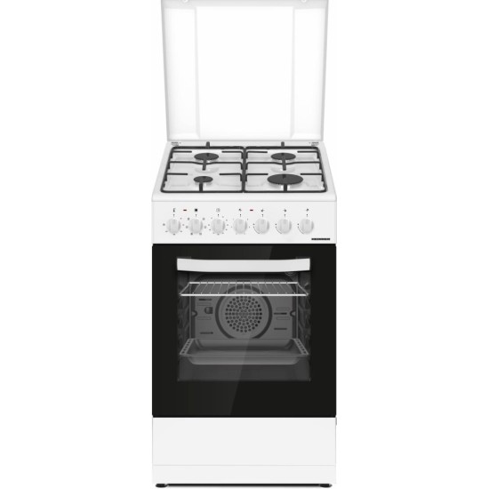 Aragaz mixt Heinner HFSC-S60LITGC-WH, 4 arzatoare, aprindere electrica plita, cuptor electric, clasa A, timer, grill, ventilatie, sertar inferior vase, 50x60cm, alb