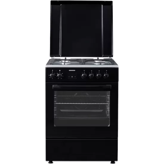 Aragaz mixt Heinner HFSC-S66FDCC-IBK, digital, 4 arzatoare, cuptor electric, autocuratare catalitica, timer, grill, ventilatie, aprindere electrica plita, sertar inferior vase, 60x60 cm, negru