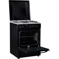 Aragaz mixt Heinner HFSC-S66FDCC-IBK, digital, 4 arzatoare, cuptor electric, autocuratare catalitica, timer, grill, ventilatie, aprindere electrica plita, sertar inferior vase, 60x60 cm, negru