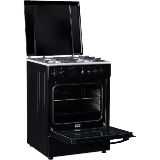 Aragaz mixt Heinner HFSC-S66FDCC-IBK, digital, 4 arzatoare, cuptor electric, autocuratare catalitica, timer, grill, ventilatie, aprindere electrica plita, sertar inferior vase, 60x60 cm, negru