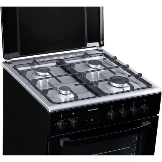Aragaz mixt Heinner HFSC-S66FDCC-IBK, digital, 4 arzatoare, cuptor electric, autocuratare catalitica, timer, grill, ventilatie, aprindere electrica plita, sertar inferior vase, 60x60 cm, negru