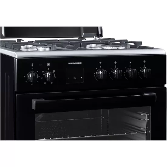 Aragaz mixt Heinner HFSC-S66FDCC-IBK, digital, 4 arzatoare, cuptor electric, autocuratare catalitica, timer, grill, ventilatie, aprindere electrica plita, sertar inferior vase, 60x60 cm, negru