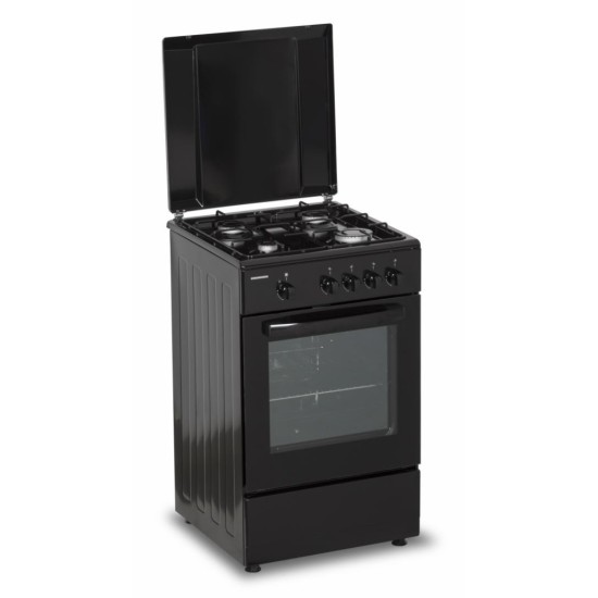 Aragaz Heinner HFSC-SME50BK, Gaz, 4 arzatoare, Dispozitiv siguranta plita si cuptor, 50 cm, Negru
