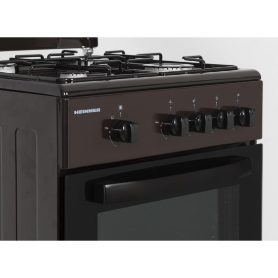 Aragaz Heinner HFSC-SME50BRW, Gaz, 4 arzatoare, Dispozitiv siguranta plita si cuptor, 50 cm, Maro