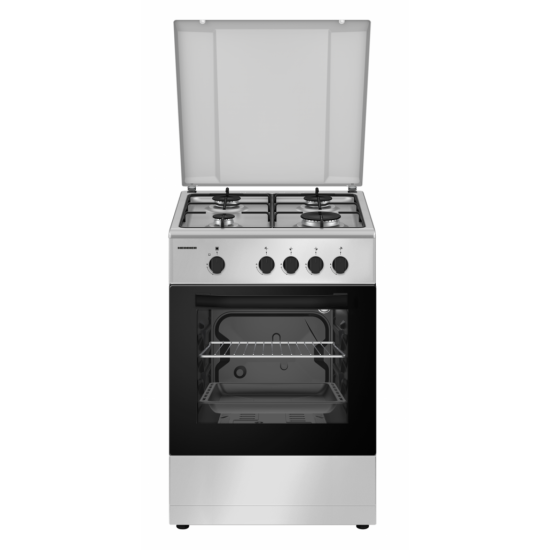 Aragaz Heinner HFSC-SME50SL, Gaz, 4 arzatoare, Dispozitiv siguranta plita si cuptor, 50 cm, Argintiu