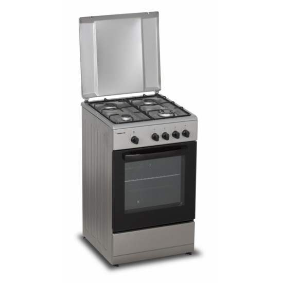 Aragaz Heinner HFSC-SME50SL, Gaz, 4 arzatoare, Dispozitiv siguranta plita si cuptor, 50 cm, Argintiu