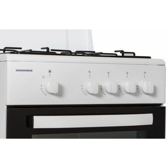 Aragaz Heinner HFSC-SME50WH, Gaz, 4 arzatoare, Dispozitiv siguranta plita si cuptor, 50 cm, Alb