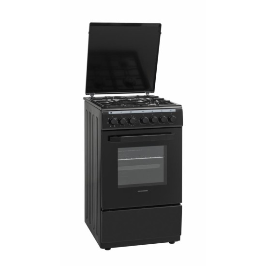Aragaz Heinner HFSC-V60LITGC-BK, Mixt, 4 arzatoare, Aprindere electrica plita, Dispozitiv de siguranta plita, Cuptor electric, 6 functii, Timer, Grill, Duze GPL incluse, Tava si gratar cromat, latime 50 cm, adancime 60 cm, Negru