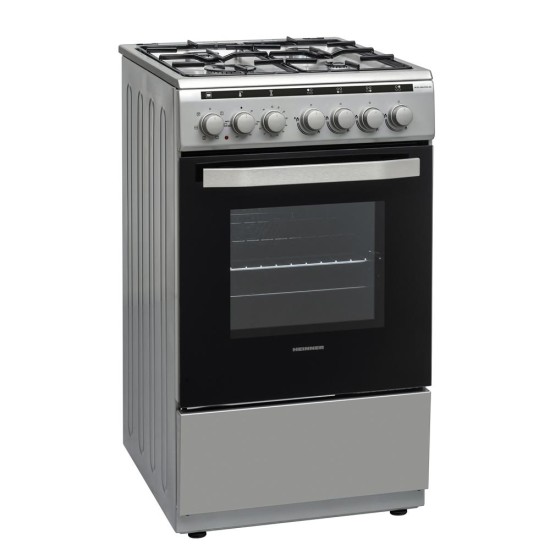 Aragaz mixt Heinner HFSC-V60LITGC-SL, 4 arzatoare gaz, Dispozitiv de siguranta plita, Aprindere electrica, Cuptor electric, Timer, Grill, Clasa A, 50 cm, Argintiu