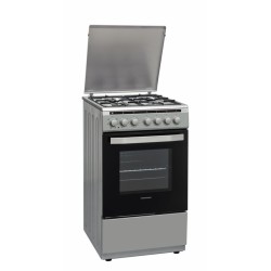 Aragaz mixt Heinner HFSC-V60LITGC-SL, 4 arzatoare gaz, Dispozitiv de siguranta plita, Aprindere electrica, Cuptor electric, Timer, Grill, Clasa A, 50 cm, Argintiu