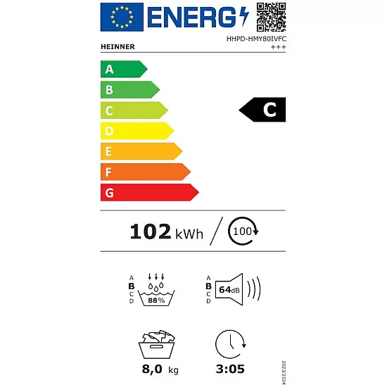 Uscator de rufe cu pompa de caldura HEINNER HHPD-HMY80IVFC+++, 8 KG, Clasa C, MOTOR INVERTER, Alb