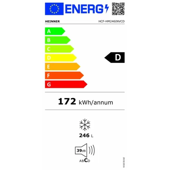 Lada frigorifica Heinner HCF-HM246INVCD, 246 l, Clasa D, Compresor inverter, Control electronic, Convertibila frigider/congelator, 1 cos, Maner cu incuietoare, Rezistenta la frig, Waterproof Display, Alb