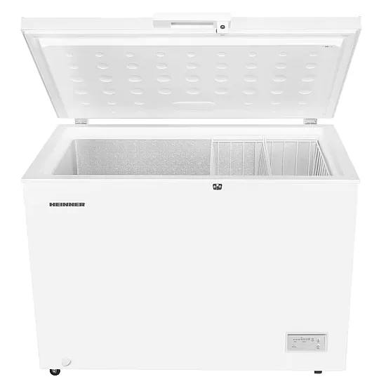 Lada frigorifica Heinner HCF-HM308INVCD, 308 l, Clasa D, Compresor inverter, Control electronic, Convertibila frigider/congelator, 2 cosuri, Maner cu incuietoare, Rezistenta la frig, Waterproof Display, Alb