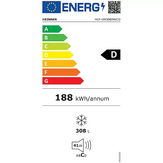 Lada frigorifica Heinner HCF-HM308INVCD, 308 l, Clasa D, Compresor inverter, Control electronic, Convertibila frigider/congelator, 2 cosuri, Maner cu incuietoare, Rezistenta la frig, Waterproof Display, Alb