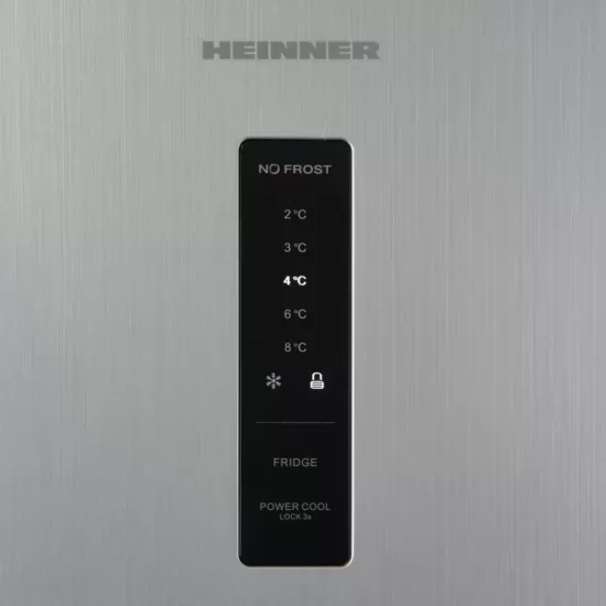 Frigider cu doua usi Heinner HF-HM415NFSE++, 415 l, Full No Frost, Clasa E, Compresor Dual Inverter, Display, Blocare Acces copii, H 178 cm, Argintiu