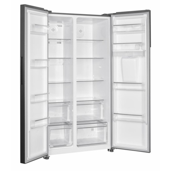 Side by side Heinner HSBS-HM529NFXWDE++, 529 l, Full No Frost, Clasa E, Compersor Dual Inverter, Display LED cu touch, Dozator apa, Iluminare LED, Blocare acces copii, H 177 cm, Inox