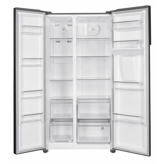 Side by side Heinner HSBS-HM529NFXWDE++, 529 l, Full No Frost, Clasa E, Compersor Dual Inverter, Display LED cu touch, Dozator apa, Iluminare LED, Blocare acces copii, H 177 cm, Inox