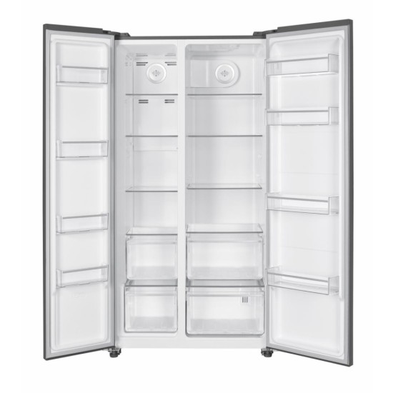 Side by side Heinner HSBS-HM532NFGWHE++, 532 l, No frost, Display LED, Clasa E, Smart, Alarma usa deschisa, H 177 cm, Sticla alba