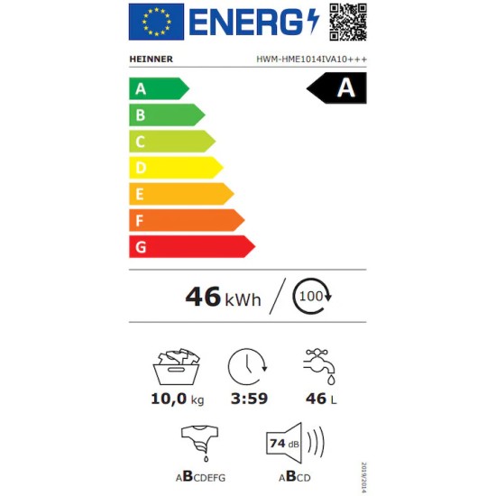 Masina de spalat rufe HEINNER HWM-HME1014IVA10+++, 10 KG, 1400 RPM, Clasa A-10%, MOTOR INVERTER, Display digital, Program Allergy steam, Alb