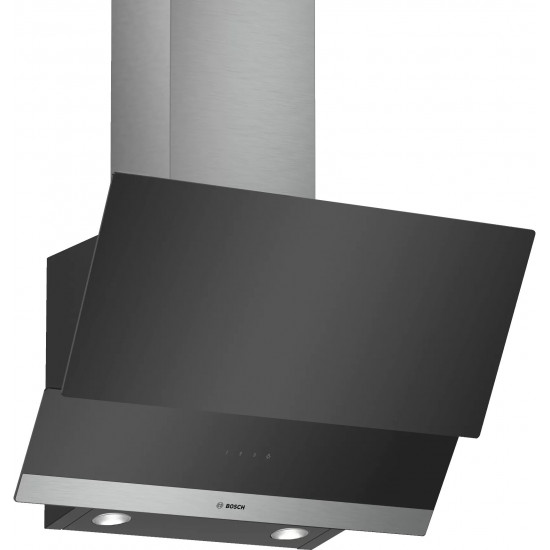 Hota incorporabila decorativa BOSCH DWK 065G60, Design inclinat, Putere de absorbtie 530 mc/h, 1 Motor, 60 cm, Negru/Inox