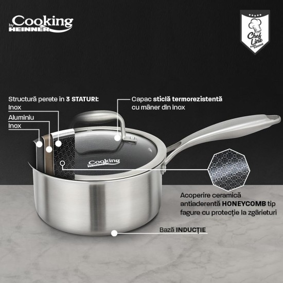 Cratita cu capac sticla Cooking by Heinner Titanium, 3 straturi, inox, inductie, 16 x 8.5 cm, 1.6 L