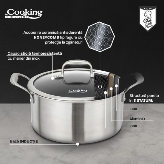 Oala cu capac sticla Cooking by Heinner Titanium, 3 straturi, inox, inductie, 20 x 10 cm, 2.8 L