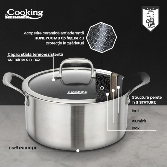 Oala cu capac sticla Cooking by Heinner Titanium, 3 straturi, inox, inductie, 28 x 13 cm, 7 L