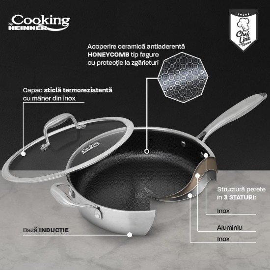 Tigaie adanca cu capac sticla Cooking by Heinner Titanium, 3 straturi, inox, inductie, 28 x 7.5 cm, 4.2 L