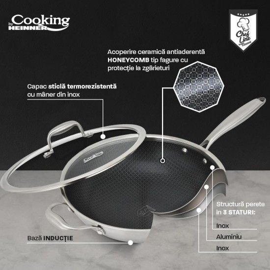 Tigaie wok cu capac sticla Cooking by Heinner Titanium, 3 straturi, inox, inductie, 30 x 8.5 cm, 4.5 L