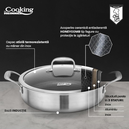 Cratita cu capac sticla Cooking by Heinner Titanium, 3 straturi, inox, inductie, 30 x 7.8 cm, 4.8 L