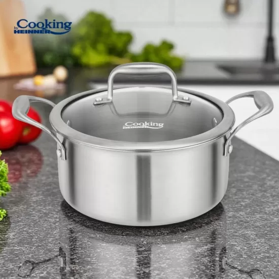 Cratita inox cu coada + capac sticla 16x8.5cm, 1.6L, Atomic3, Cooking by Heinner