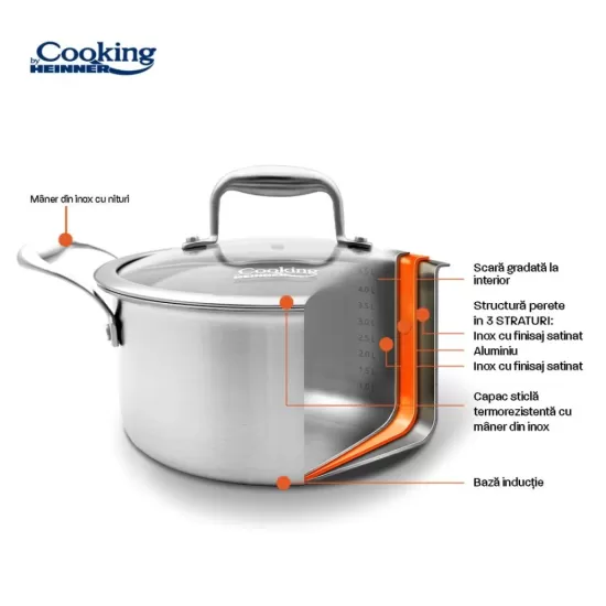 Semioala inox + capac sticla 24x12 cm, 5L, Atomic3, Cooking by Heinner