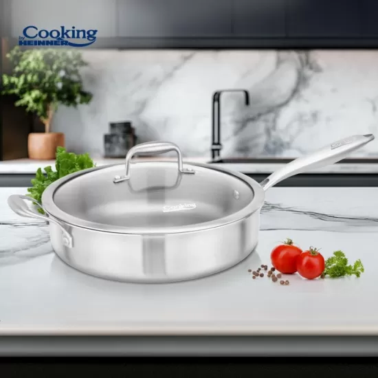 Tigaie adanca inox + capac sticla 28x7.5 cm, Atomic3, Cooking by Heinner