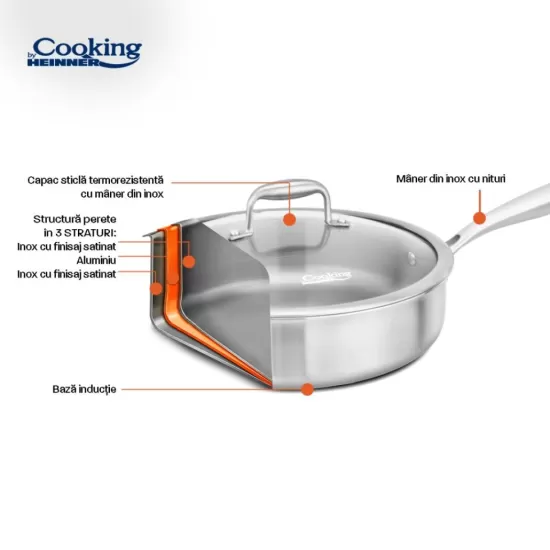 Tigaie adanca inox + capac sticla 28x7.5 cm, Atomic3, Cooking by Heinner
