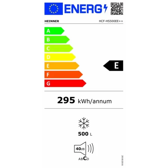 Lada frigorifica Heinner HCF-HS500EE++, 500 l , Clasa E, Compresor inverter, Control electronic, Display, Lumina LED, Maner extern cu incuietoare, 2 cosuri, Alb