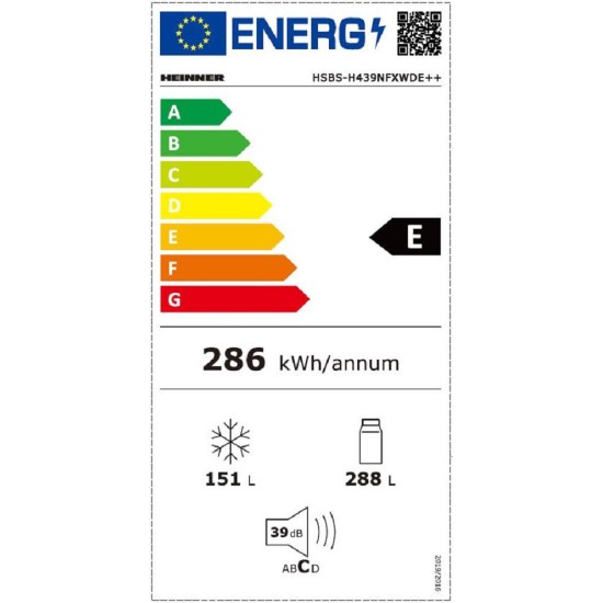 Frigider Side by side Heinner HSBS-H439NFXWDE++, 433 l, No Frost, Display, Dozator de apa, Functie smart, Functie congelare si racire rapida, Clasa E, H 176.5 cm, Aspect inox