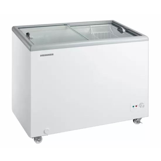 Lada frigorifica comerciala Heinner HSF-M255WHC, capac din sticla, 255L, clasa C, functionare convertibila (frigider/congelator), 1 cos, alb