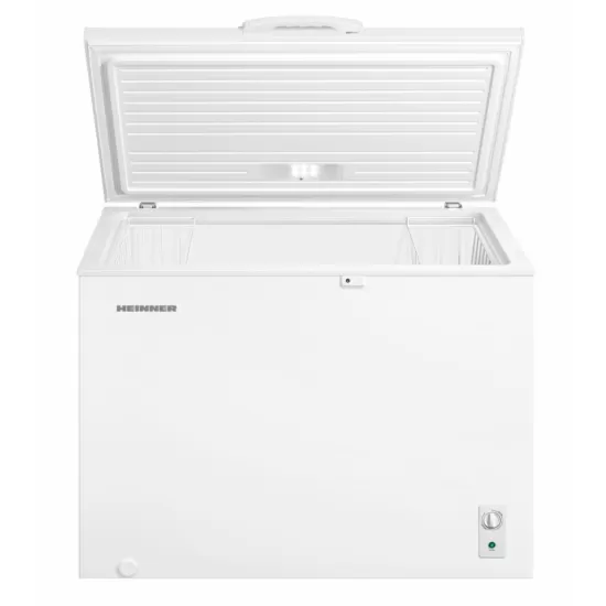 Lada frigorifica HEINNER HCF-M293INVCE++, 293 L, Clasa E, Convertibila(Frigider/Congelator), Compresor inverter, Control mecanic, Termostat ajustabil, Luminare LED, Maner extern cu incuietoare, 2 cosuri, Rezistenta la frig, Alb