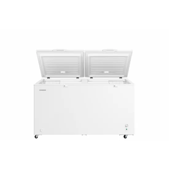 Lada frigorifica HEINNER HCF-M508INVCE++, 508 L, Clasa E, Convertibila(Frigider/Congelator), Compresor inverter, Control mecanic, Termostat ajustabil, Luminare LED, Maner extern cu incuietoare, 2 cosuri, Rezistenta la frig, Alb