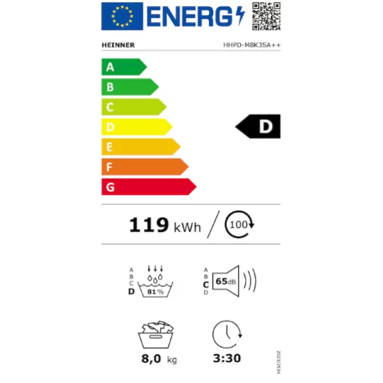 Uscator de rufe Heinner HHPD-M8K3SA++, Pompa de caldura, 8 kg, 14 programe, Clasa A++, Display LED, Functie Start intarziat, Functie Anti-Sifonare, Iluminare cuva, Argintiu