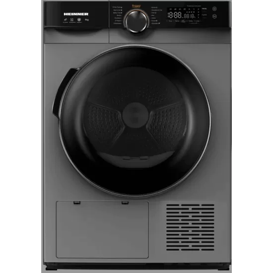 Uscator de rufe Heinner HHPD-M8K3SA++, Pompa de caldura, 8 kg, 14 programe, Clasa A++, Display LED, Functie Start intarziat, Functie Anti-Sifonare, Iluminare cuva, Argintiu