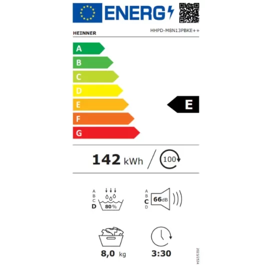 Uscator de rufe Heinner HHPD-M8N13PBKE++, Pompa de caldura, 8 kg, 16 programe, Clasa E, Display LED, Functie anti-sifonare, Lumina cuva, Indicator curatare filtru scame, Indicator rezervor colectare apa plin, Blocare acces copii, Alb