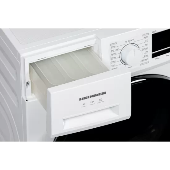 Uscator de rufe Heinner HHPD-M9G5PBKD++, Pompa de caldura, 9 kg, 16 programe, Clasa D, Display LED, Functie anti-sifonare, Lumina cuva, Indicator curatare filtru scame, Indicator rezervor colectare apa plin, Blocare acces copii, Alb