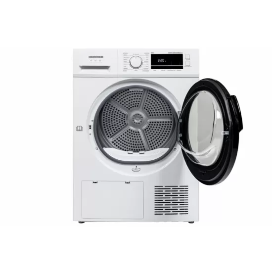 Uscator de rufe Heinner HHPD-M9G5PBKD++, Pompa de caldura, 9 kg, 16 programe, Clasa D, Display LED, Functie anti-sifonare, Lumina cuva, Indicator curatare filtru scame, Indicator rezervor colectare apa plin, Blocare acces copii, Alb