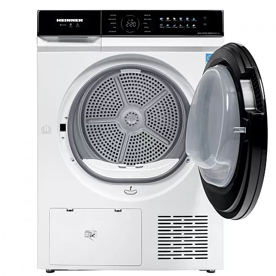 Uscator de rufe cu pompa de caldura HEINNER HHPD-M9K5IVC+++, 9 KG, Clasa C, MOTOR INVERTER, 10 programe, Control touch, Display digital, Program baby care, Functie anti-sifonare, Senzor de umiditate, Lumina cuva, Alb